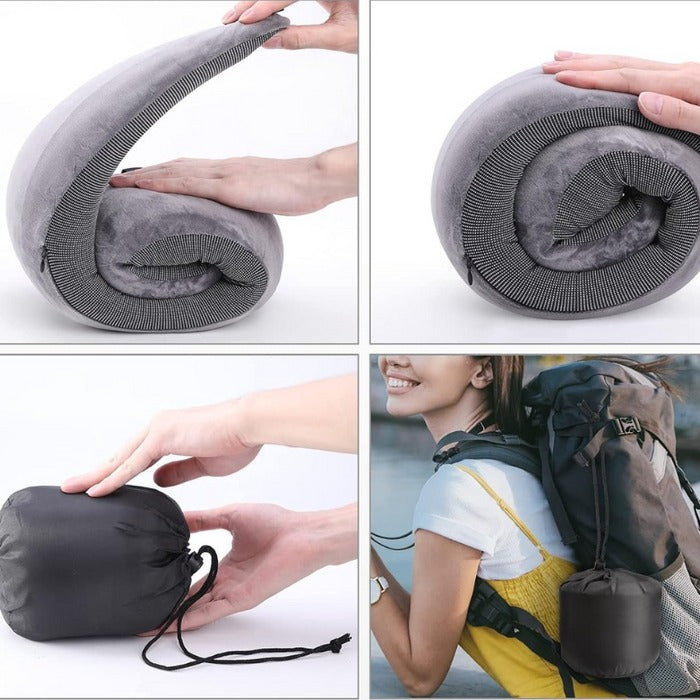 Coussin avion cou replié roulé en boule ranger et accrocher à un sac à dos