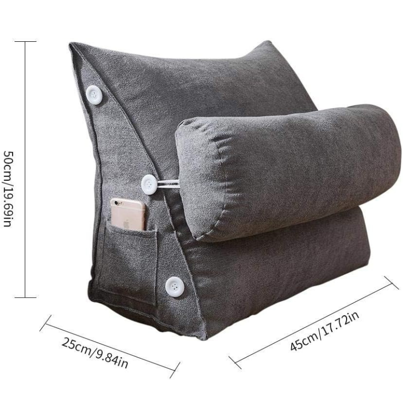 Coussin de lecture pour canapé sur fond blanc avec ses dimension longueur largeur hauteur indiqué