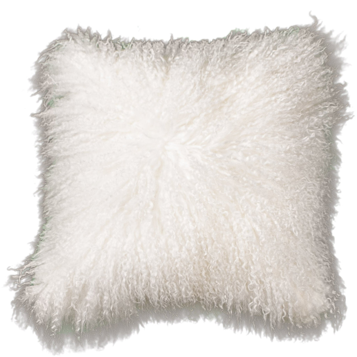 Housse de coussin en fourrure de mouton tibétain blanc cassé, format carré 45x45 cm vu de face, aux longues mèches ondulées blanc cassé