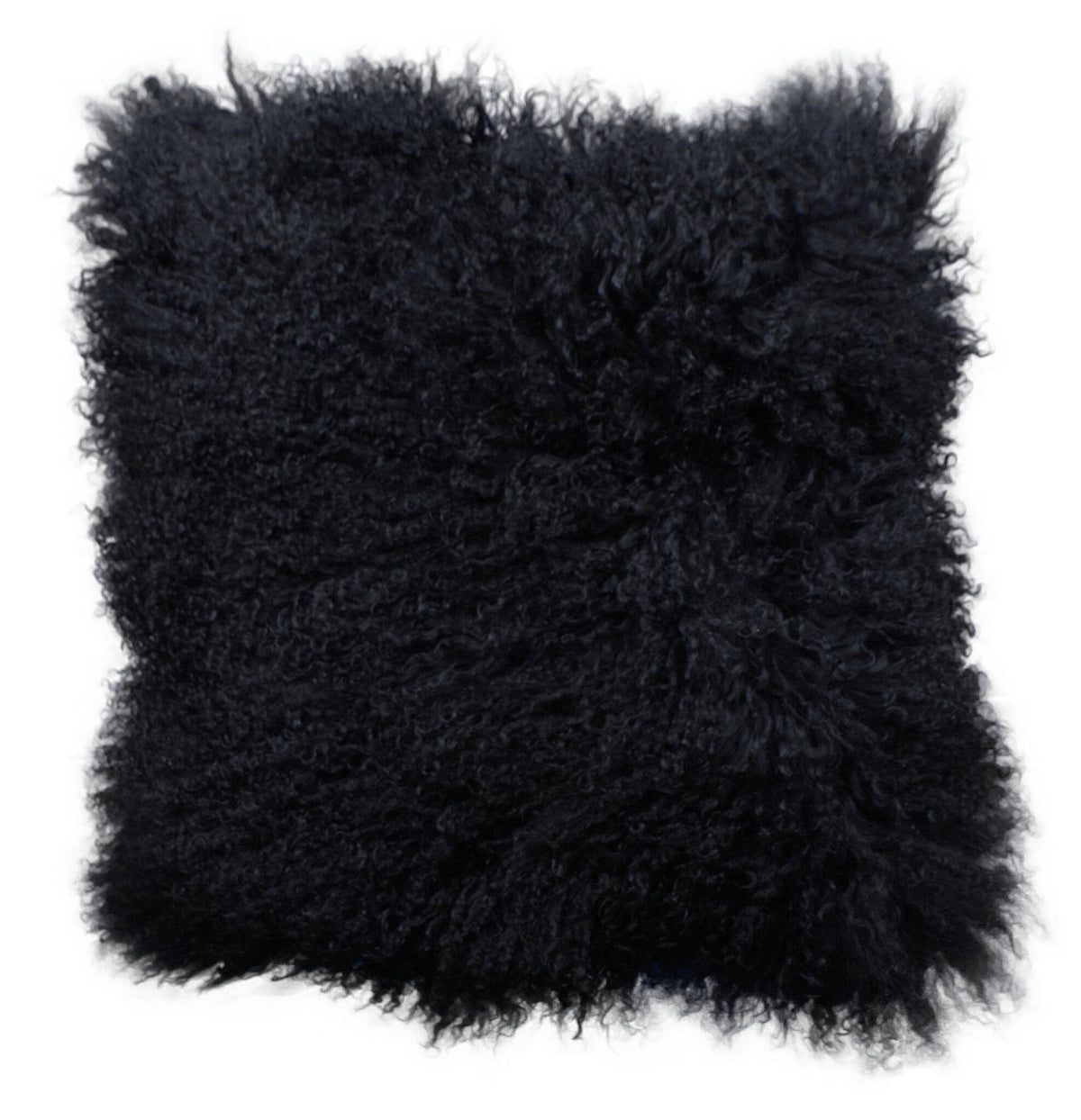 Housse de coussin en fourrure de mouton tibétain noir, format carré 45x45 cm vu de face, aux longues mèches ondulées noires