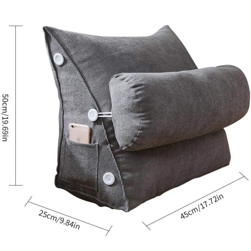 Coussin de lecture pour canapé sur fond blanc avec ses dimension longueur largeur hauteur indiqué 