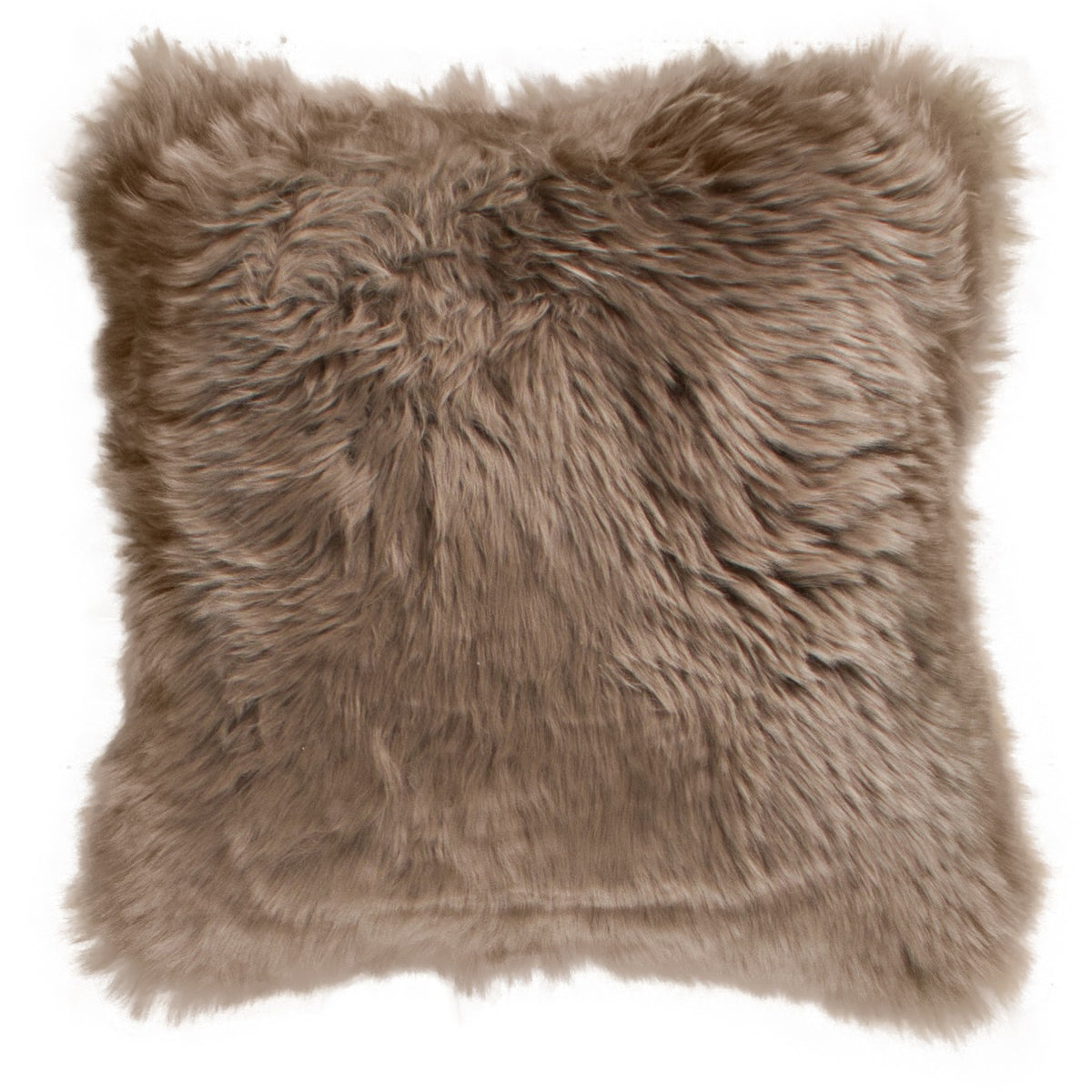 Coussin peau de mouton de Nouvelle-Zélande taupe, carré 45x45 cm vu de face, laine épaisse taupe