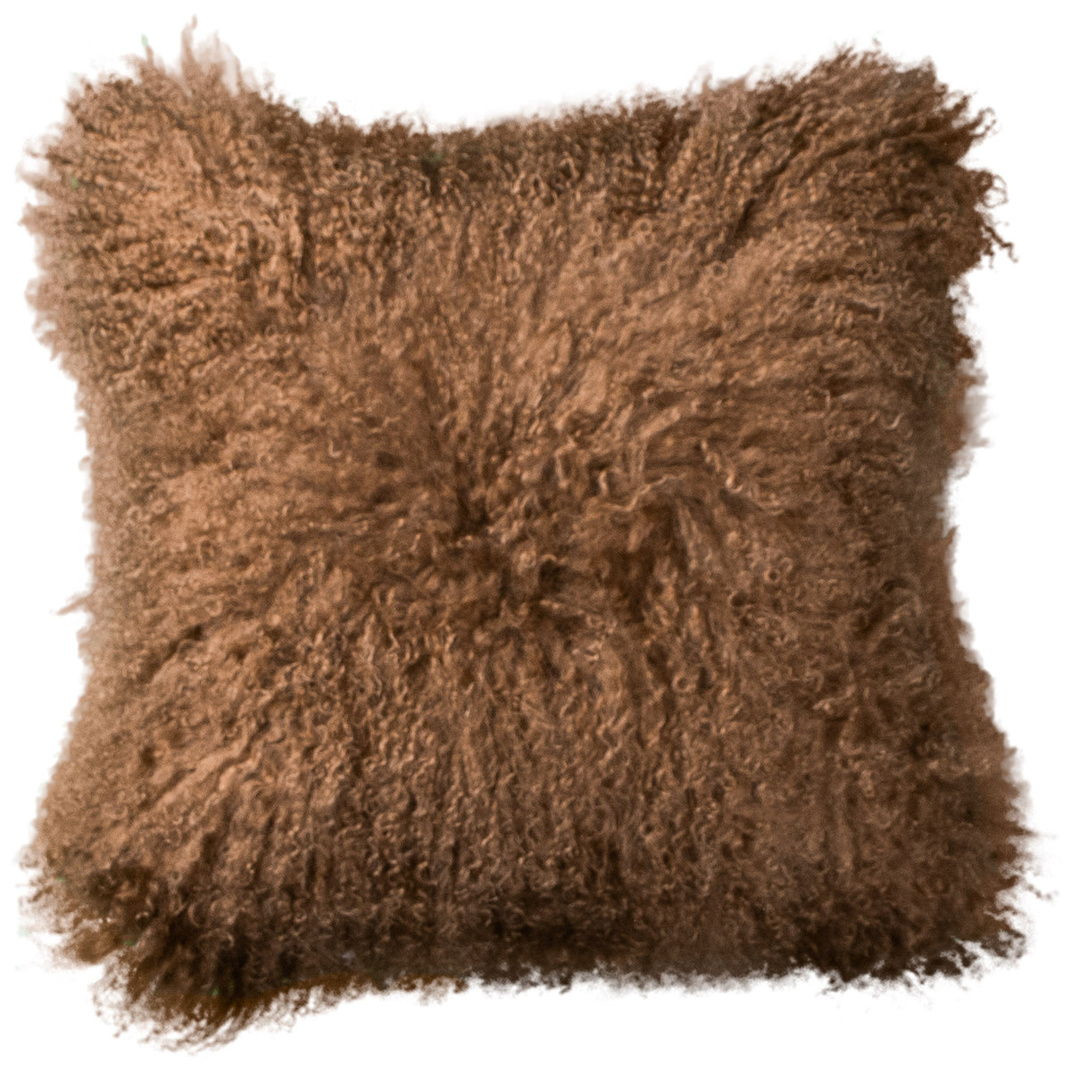 Coussin peau de mouton du Tibet caramel, format carré 45x45 cm vu de face, aux longues mèches ondulées caramel