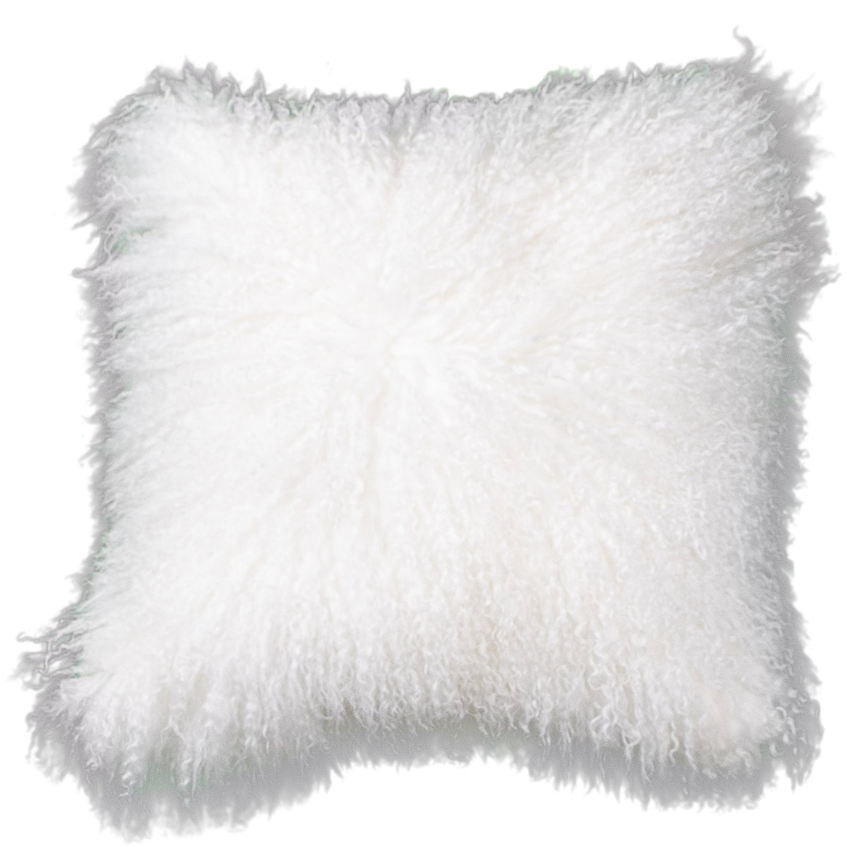 Housse de coussin en fourrure de mouton tibétain blanc, format carré 45x45 cm vu de face, aux longues mèches ondulées blanches