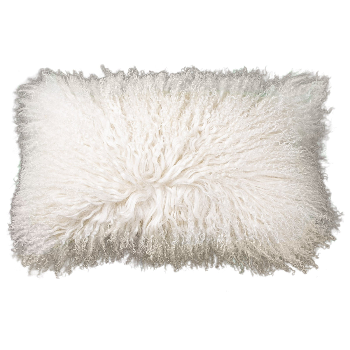 Housse de coussin en fourrure de mouton tibétain blanc cassé, format rectangulaire 30x50 cm vu de face