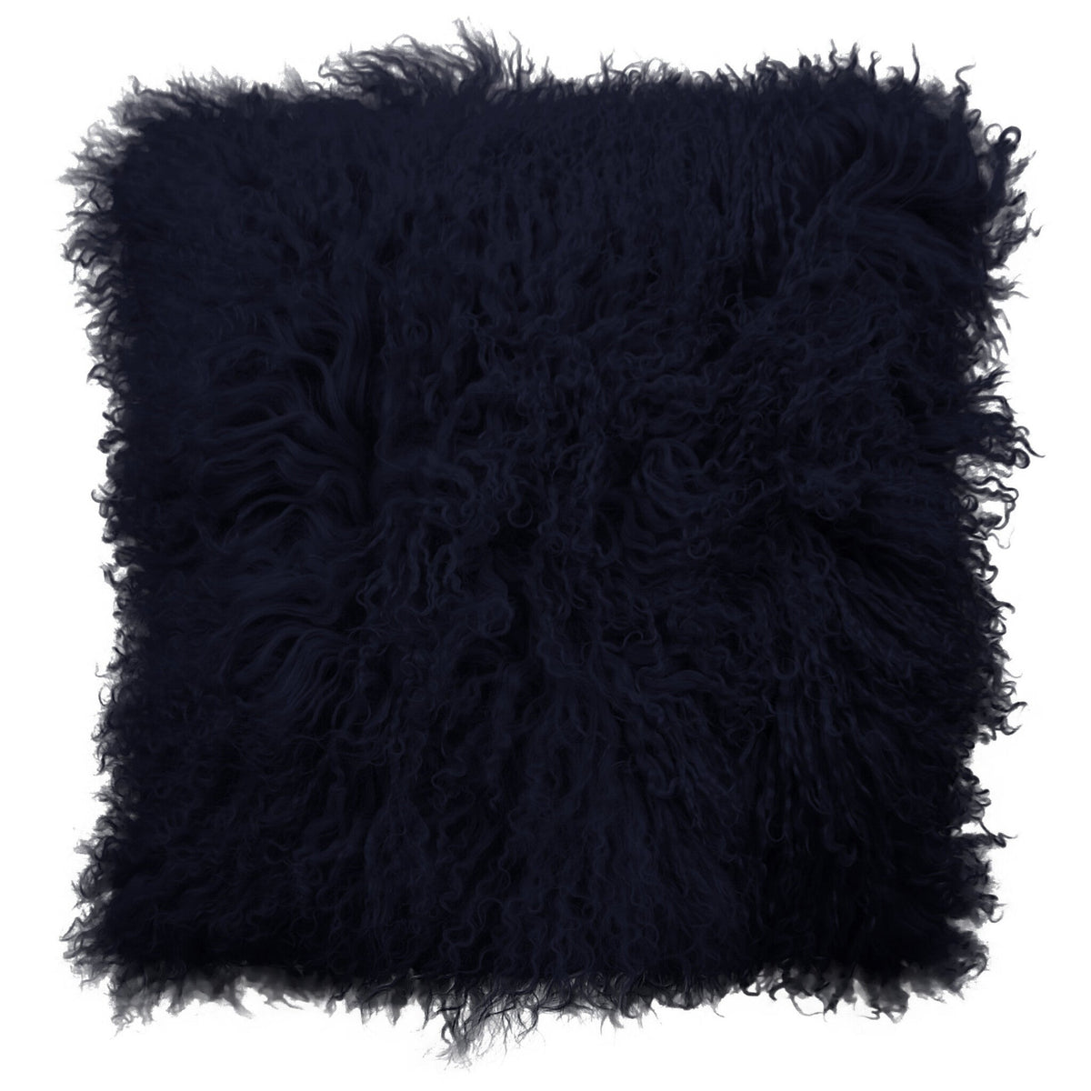 Housse de coussin en fourrure de mouton tibétain bleu marine, carré 45x45 cm vu de face, mèches ondulées bleu nuit
