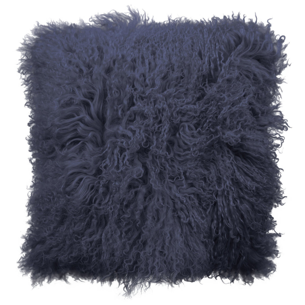 Housse de coussin en fourrure de mouton tibétain essence, format carré 45x45 cm vu de face, aux longues mèches ondulées bleu pétrole