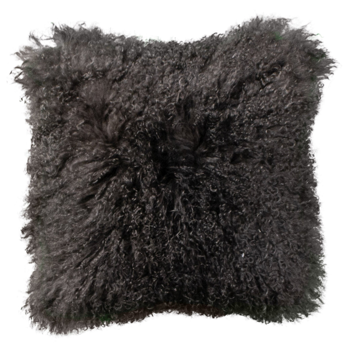 Housse de coussin en fourrure de mouton tibétain gris, format carré 45x45 cm vu de face, aux longues mèches ondulées gris anthracite