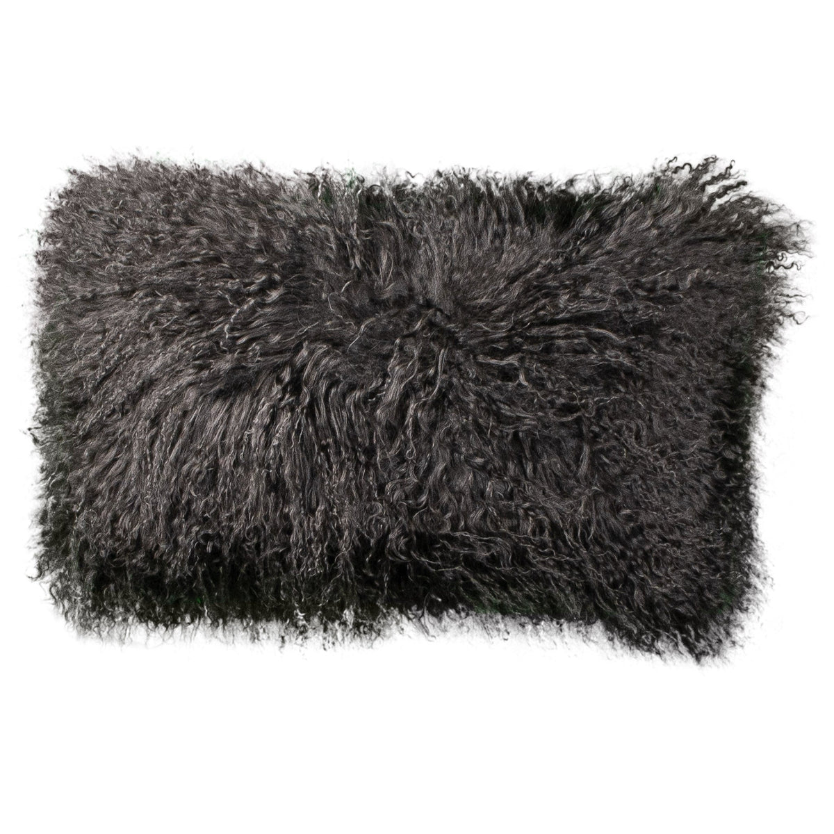 Housse de coussin en fourrure de mouton tibétain gris, format rectangulaire 30x50 cm vu de face