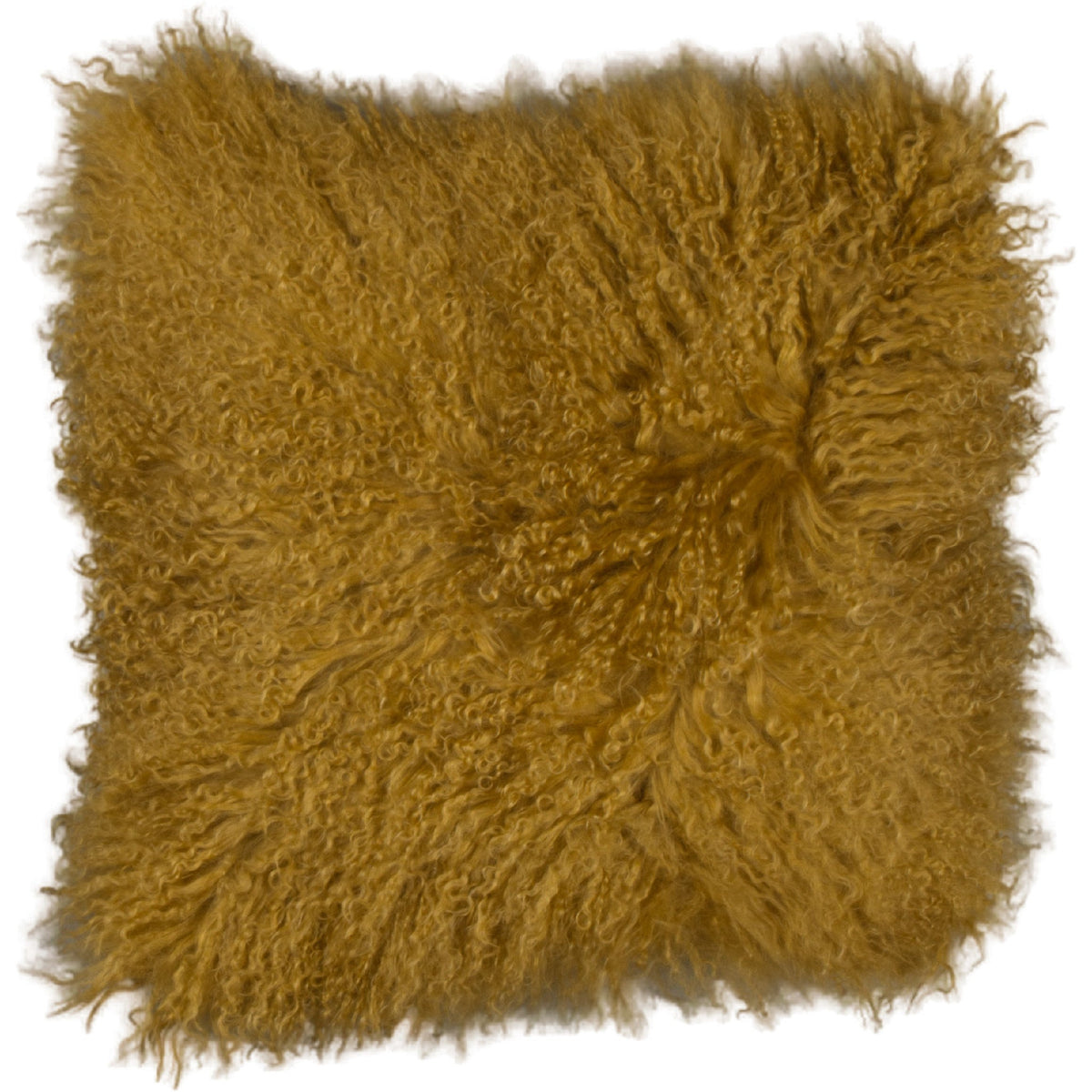 Housse de coussin en fourrure de mouton tibétain jaune ocre, format carré 45x45 cm vu de face, aux longues mèches ondulées jaune ocre