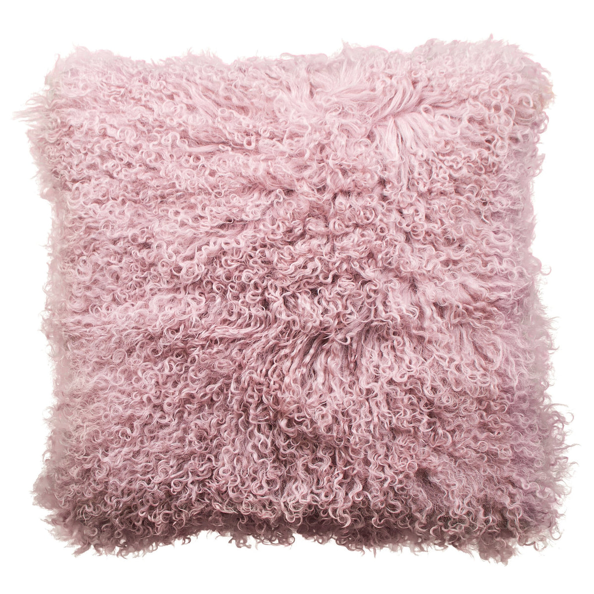 Housse de coussin en fourrure de mouton tibétain rose, format carré 45x45 cm vu de face, aux longues mèches ondulées rose poudré