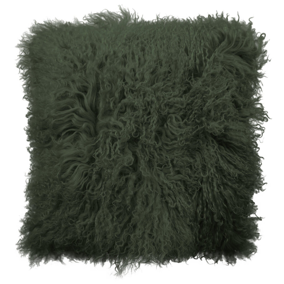 Housse de coussin en fourrure de mouton tibétain vert, format carré 45x45 cm vu de face, aux longues mèches ondulées vert forêt