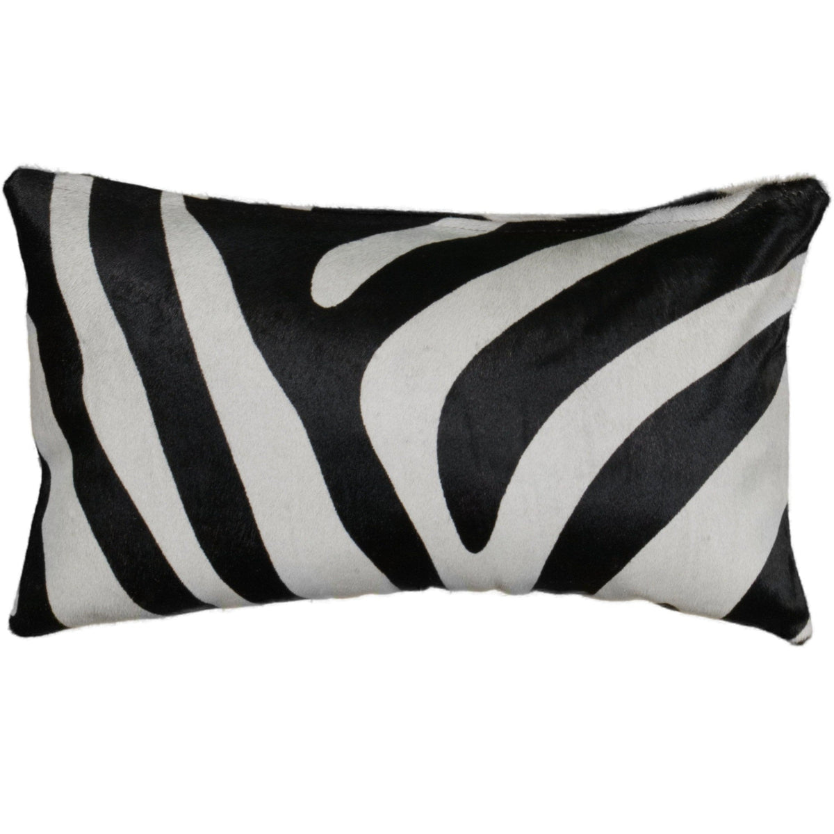 Housse de coussin en peau de vache à poils ras, motif zèbre, rectangulaire 30x50 cm vu de face, rayures zébrées noires et blanches